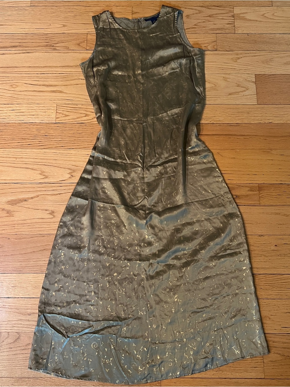 Vintage 100% Silk Sleeveless Olive Green Dress with Gold Embroidery